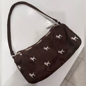 Lesportsac Brown Nylon Shoulder Bag with Embroidered Poodles